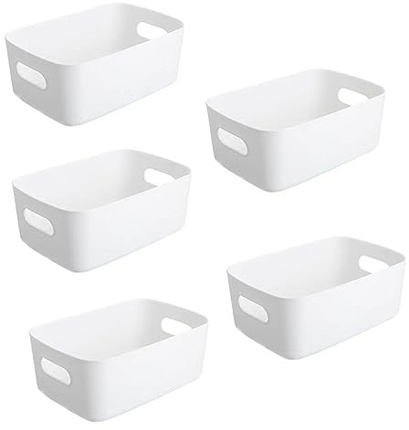 Pack of 5 Storage Baskets with Handle – Rectangular Home & Kitchen Organiser Strong Plastic Cupboard Storage Boxes 3 sizes (Medium (24.5 x17 x 10 cm), 5 Pcs White)