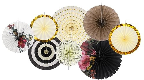 sourcing map Hanging Paper Fans Party Set 8Pcs Round Pattern Hanging Paper Fans Decoration for Home Shop Wall Birthday Wedding Graduation Events(Black Gold)