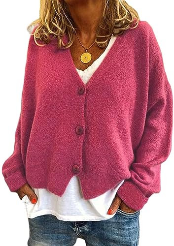 ticticlily Veste en Tricoté Femme à Manches Longues Col V Vestes Chaud Ample Manteau Gilet Chandail Décontracté Élégant Basique Automne Hiver Couleur Unie A Rose Rouge XS