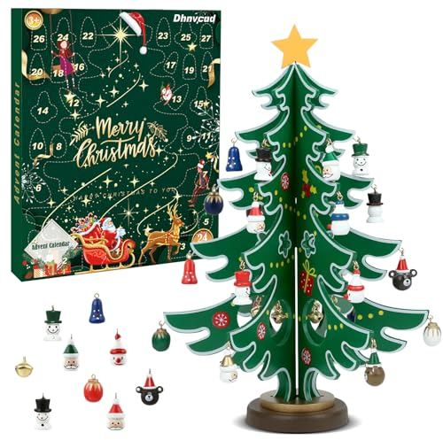 Calendrier de l'Avent 2024 avec Sapin de Noël en Bois avec 36 Ornements, Noël 24 Jours Compte à Rebours Calendrier de l'Avent, Décoration de Table de Noël pour Enfant