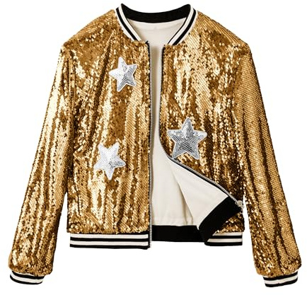 LOLANTA Ragazze Bomber di Paillettes con Tasche, Cerniera, Manica Lunga, Giacche da Baseball Scintillanti per Bambino 4-13 anni