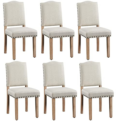 Yaheetech Lot de 6 Chaises de Salle à Manger à Haut Dossier Chaises de Cuisine Pieds en Bois Massif Design Classique avec Boutons Bronzés Fauteuils et Chaises pour Salon Sièges Rembourrés Beige