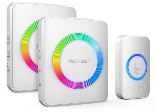 TECKNET Wireless Doorbell, Doorbell IP65 Waterproof Twin Wall Plug-in Cordless Door Chime Kit with 400m Range, 60 Chimes, 120dB Lound 5-Level Volume & RGB Light, Plug in Door Entry Bell