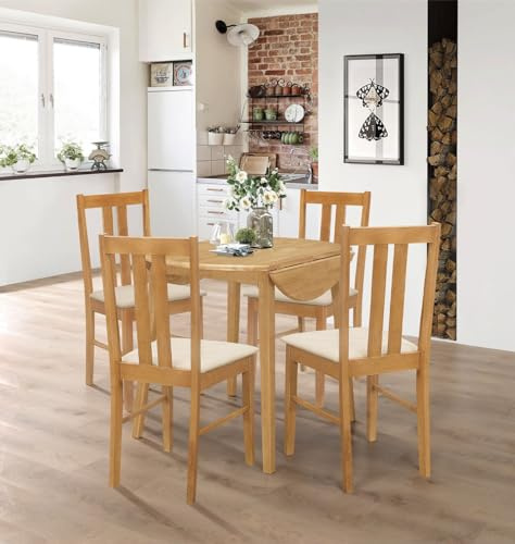 Hallowood Furniture Ledbury Round Drop Leaf Dining Table and Chairs Set 4 | 61-92cm Light Oak Dinner Set for 4 Table and Chairs with Cream Fabric Seats, Wooden Dining Room Furniture for Home or Cafe