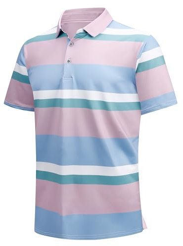 SAMERM Chemises de golf pour homme - Coupe sèche - Manches courtes - Performance - Évacuation de l'humidité - Pour homme, Polo rayé rose, Taille L