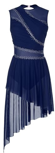 Miutii Vestido de patinaje artístico para mujer, sin mangas, brillante, vestido de ballet con falda asimétrica, vestido de danza lírico, moderno y contemporáneo, azul marino, S