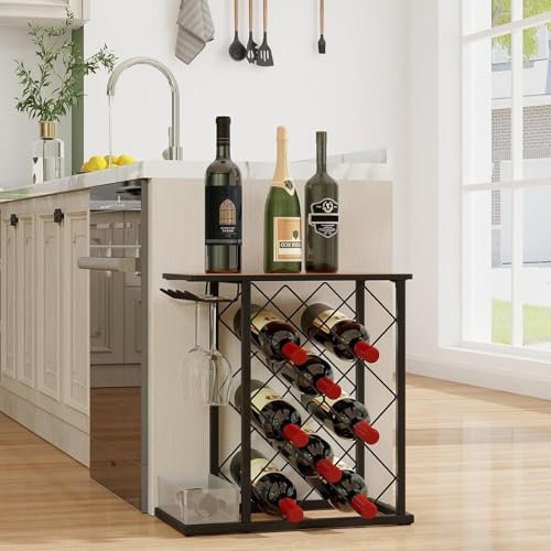 GiantexUK Freestanding 8 Bottle Wine Rack, Countertop Wine Storage Shelf with Glass Holders, Storage Box & Anti-slip Foot Pads, Metal Frame Wine Holder Organizer for Home Kitchen Living Room Pub