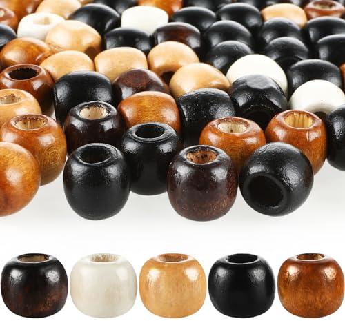 Andibro 200 Stück Holzperlen,5 Farben Große Löcher Fass Holzperlen Natürliche Holzperlen zum Basteln Holzperlen für Dreadlocks Haarzopfperlen Makramee Perlen für die Herstellung von Schmuck