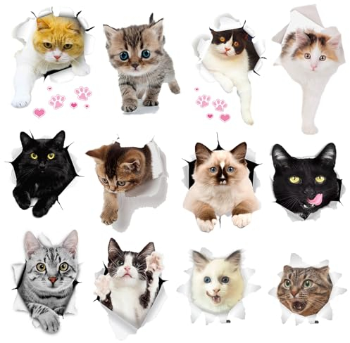 Keboyoe 12 PCS Cute 3D Cat Stickers - Removable Wall & Refrigerator Decoration