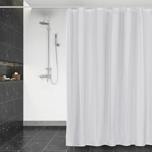 DUFU Wasserdichter Duschvorhang Anti-Schimmel 180 x 200cm Waschbar Schnelltrocknend Textil Stoff Polyester Badewanne für Vorhang Reinweiß Halbtransparent Duschvorhang mit 12 Duschvorhängeringen