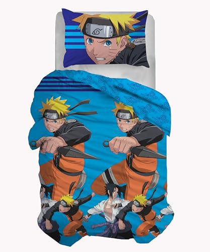 hermet Naruto, Set Copripiumino Singolo In Cotone, 100% Cotone, Sacco 155x200, Federa 50x80, Letto Cameretta, Prodotto Ufficiale, No Lenzuolo con Angoli