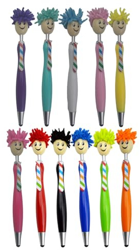 cheshjulv Ballpoint Pens, Mop Head Pens, Novelty Pom Pom Pens, Set of 11 Assorted Colors, Stylus Touch Screen Ballpoint Pens with Smiley Face Toppers (11)