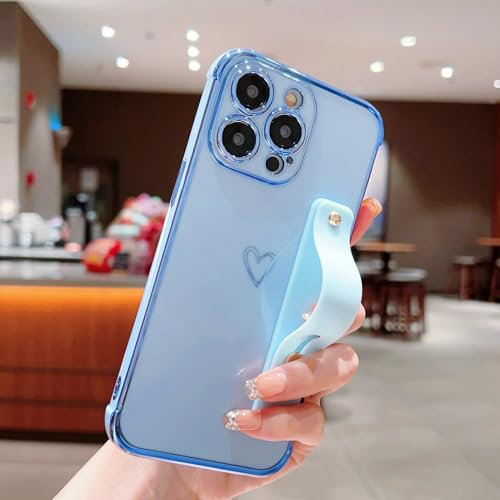 Cute Little Love Heart Case for iPhone 8 Plus/iPhone 7 Plus with Wristband Stand Glossy Finish Gold Plated Frame for Girls Women Glitter Shockproof Soft TPU Camera Cover Blue