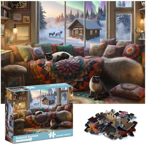 crowm Jigsaw Puzzle for Adults 1000 Pieces, Northern Light Landscape Puzzle Winter Jigsaw Puzzle Snow Scenery Challenging Puzzle Iceland Aurora for Game Nights