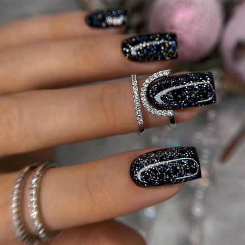 24pcs French Tip False Nails - Press On Nails Square - French Style Black Glitter Stick On Nails With Glue - Medium Shaped Elegant Design Fake Nail