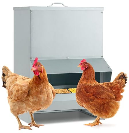 COSTWAY Mangeoire Poules XXL 22 kg, Fixation Murale avec Couvercle Ouvrable, Métal Galvanisé, Distributeur Automatique de Nourriture pour Canards, Poules, Faisans, Dindes