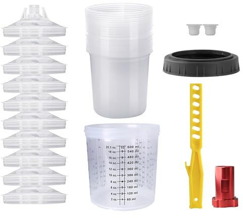 Disposable Paint Mixing Cup Kit,HVLP Paint Sprayer Gun Mixing Cups with 10 Cups and Lids System, 10 Plugs and 1 Hard Cup with Retainer Ring, 1 Cup Adapter,Paint Stirrer (20Ounce Cup Kit-10pcs)