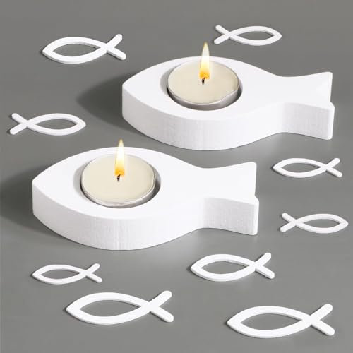 BOFUNX 2er Set Teelichthalter Fisch aus Holz für Kerzen mit Durchmesser 4cm Weiß Fische Kerzenhalter mit 30pcs Holzfische Streudeko für Mädchen Junge Taufe Kommunion Konfirmation Tischdeko