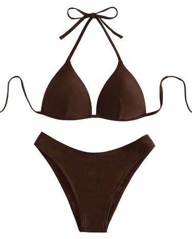 GORGLITTER Damen Push Up Bikini Sets Triangel Bademode Neckholder Swimsuit Zweiteiligwe Badeanzug Braun S