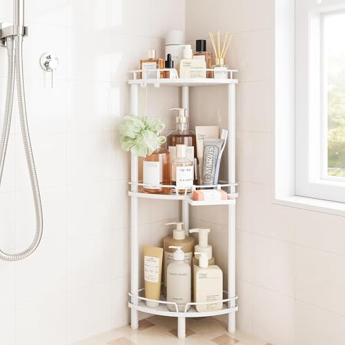 ELYKEN Étagère d'angle pour Douche, à 3 Niveaux, en Métal Antirouille | Porte-Savon, Étagère d'Angle au Sol avec Pieds Réglables et 2 Crochets, pour Salle de Bain, Blanc