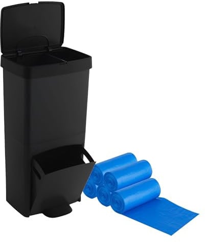 Pack Cubo de basura reciclaje residuos 70L en NEGRO, VERTICAL 2 Compartimentos 76 cm. INCLUYE 75 bolsas de basura adaptadas: 5 rollos 30L