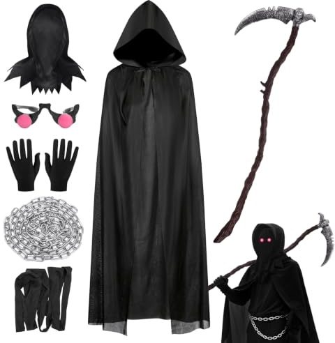 Sensenmann Kostüm Kinder mit Gebogene Sense & Separate Maske - 6er Set - Gruselige Halloween Kostüm Junge Sensenmann Umhang Schwarze 98-118 Grim Reaper Tod Dementor Costume Cosplay Outfit Party