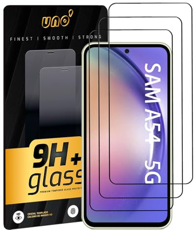 UNO' - 3 Und, Protector de Pantalla para Samsung A54 5G (6.4), Vidrio Templado 9H, Cobertura Completa con Bordes Curvos, Ultra Resistente, Transparente, Antiarañazos, Antihuellas, Sin Burbujas.