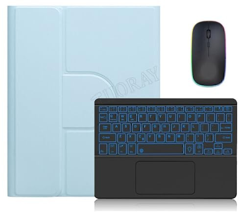 Schutzhülle für iPad Air 4. Generation 10.9 2020 (Farbe: Eisblau + Touchpad mit Hintergrundbeleuchtung und schwarzer Tastatur + Maus), Premium-Leder-Klapphülle