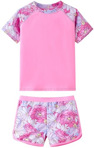 UMELOK Girls Rash Guard Swimwear 2 Pieces Swim Short Sleeve Bathing Suit Rashguard Summer Swimsuit Beach Sets Pink, Dahlia 7Y