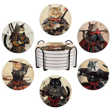 6 Pcs Ninja Cat Ceramic Coaster with Holder, Anime Absorbent Drink Coasters for Drinking, Round Non-Slip Drink Coffee Bar Mug Cup Decoration Gifts