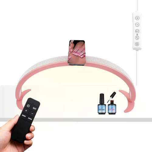 VeftBltrem 30 Half Moon Nail Light for Desk, 36W Foldable Nail Tech Table Arc Lamp with Remote Control & Phone Holder LED Nail Tech Lamp Beauty Gift for Lash Eyelash Extension Tattoo Eyebrows (Pink)