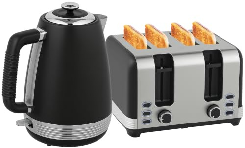 HOMCOM Stainless Steel Kettle and Toaster Set 1.7L 3000W Jug Kettle Black | Rapid Boil, UK Strix Thermostat, Limescale Filter, 4 Slice Toaster, 7 Browning Controls, Crumb Tray