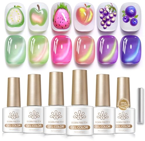 BORN PRETTY Cat Magnetic Eye U V Gel 6 Farben Rosa Grün Farbenreich Glitzer U V Nagellack Set mit Magnet Soak-Off Gellack für Anfänger DIY Nail Art Maniküre Salon