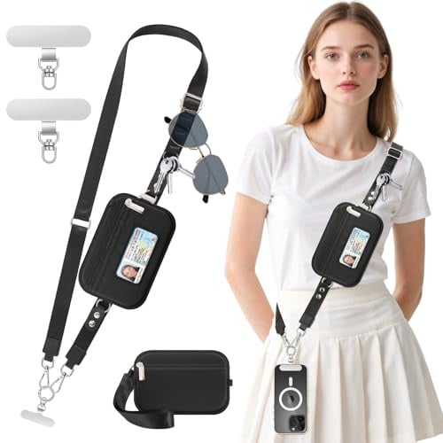 MoKo Phone Crossbody Lanyard with RFID Wallet, Clip and Go Strap Crossbody Lanyard & Detachable Wallet with ID Window, Adjustable iPhone Strap with 360° Rotatable Phone Tabs for Smartphone, Black