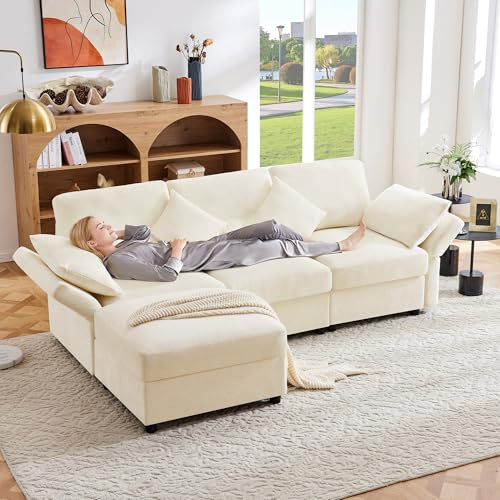 Yihomfy Canapé d'angle Convertible 3 Places en L,Canape Dangle Convertible avec Repose-Pieds, Chenille Canape Lit, 4 Coussins, Accoudoirs Réglables, pour Salon, Bureau ou Appartement,Beige