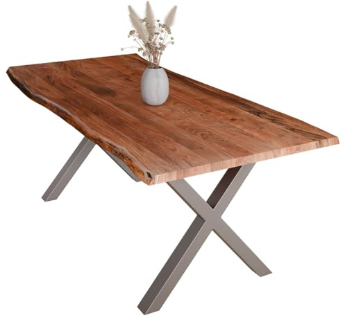 Liadomo Esstisch 140x80 Diala Nuss, Baumkantentisch, Baumkante, Akazie Massivholz Tisch, 35 mm Tischplatte lackiert, Robust & Pflegeleicht, Unikat, X-Gestell Metall Silber