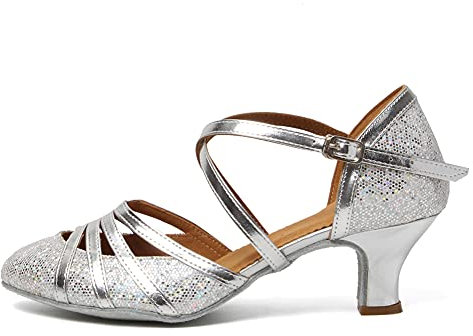 HROYL Chaussures de Danse Latine Femme Salsa Bachata Paillettes Bout Fermé Chaussures Danse Tango de Salon FT053 Argent 37.5 EU