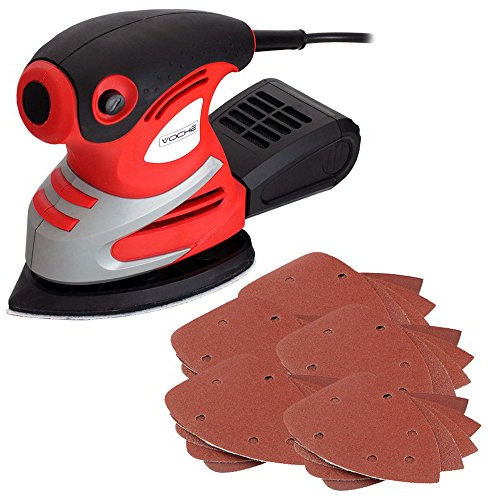 Voche® 200W Tri-Palm Detail Sander with 25 Hook & Loop Sanding Sheets and Dust Collection Box