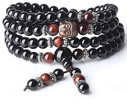 COAI Geschenkideen Herren Damen Glückskette 108 Mala Wickelarmband aus Onyx und Rotem Tigerauge mit Buddha Charm