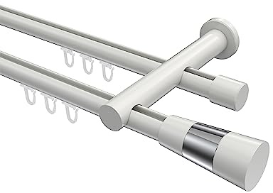 INTERDECO Innenlauf-Gardinenstange 20 mm 2-läufig, moderne Innenlaufstange aus Metall, Weiß, zur Wandmontage, Typ 10213312, 320 cm