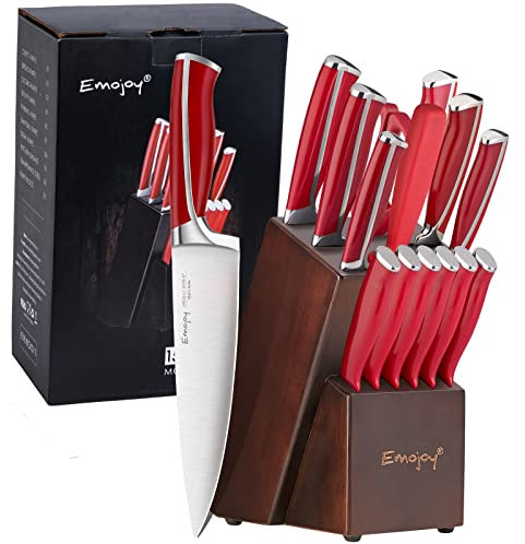 Messerset, Emojoy 15-teiliges Küchenmesser-Set mit Block Holz, Deutscher Edelstahl Scharf Kochmesser Set mit Spitzer, Spülmaschinenfest und Rostfrei (Küchenmesser-Set Rot)