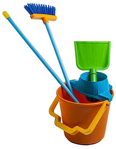 Tradineur - Set de limpieza infantil con 4 utensilios, juguete de plástico resistente, incluye cubo, fregona, escoba y recogedor, fregar, barrer, regalo para niños, 60 x 23 x 23 cm, color aleatorio