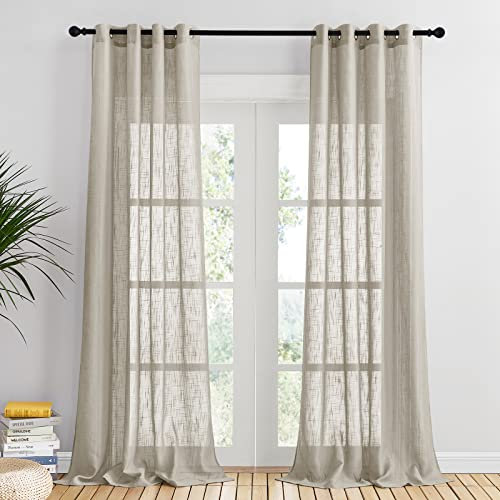 PONY DANCE 2 Stücke Voile Gardinen Leinenoptik Vorhang Halbtransparent Leinenoptik Vorhänge für Wohnzimmer & Schlafzimmer Deko Gardinen Transparent Ösenvorhang, H 240 x B 132 cm, Taupe