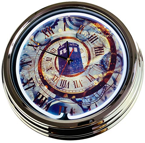 US-Way.de Dr.Who Tardis1 – 44 cm Durchmesser, Deko-Wanduhr ohne Tickgeräusche und gut lesbares Display, USA 50er-Jahre-Stil Neon-Uhr für Küche, Büro (Weiß)
