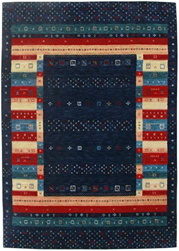 Moderner Gabbeh Teppich | Nachhaltig handgefertigt aus 100% Schurwolle mit Wollsiegel und Rugmark | 70 x 140 cm; Farbe: dunkel blau| THEKO die markenteppiche - Lori Dream
