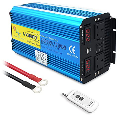 Yinleader Power Inverter 3500W /7000W Pure Sine Wave DC 12V to AC 230V/240V converter with wireless remote controller & dual AC outlets & USB for RV Truck Car