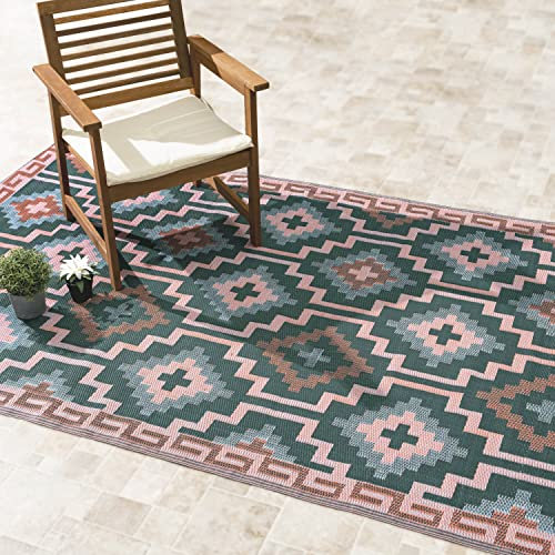 FAB HAB Outdoor-Teppich - wetterfest, farbecht, wendbar - recycelter Premium-Kunststoff - Vintage Boho Kelim - Terrasse, Balkon, Garten - Kunststoffteppich Lhasa Grün, 240x300 cm