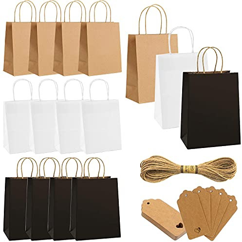 Papiertüten mit Henkel Geschenktüten aus Kraftpapier 15 Stück Schwarze/Weiß/Braun 33 * 26 * 12cm für Kindergeburtstag, Babyparty, Hochzeit, Weihnachten