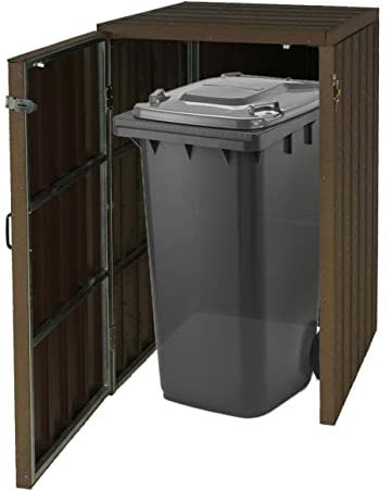 1er WPC-Mülltonnenverkleidung HWC-J28, Premium Mülltonnenbox, Metall Holzoptik, erweiterbar - braun