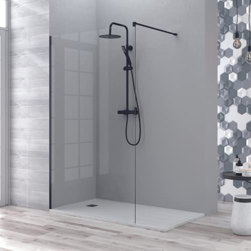 Mampara de Ducha Fijo Frontal | Panel Pantalla Fijo Ducha de Vidrio Templado de 8mm | Tratamiento Antical y Altura de 195cm | Transparente Negro Mate 110cm